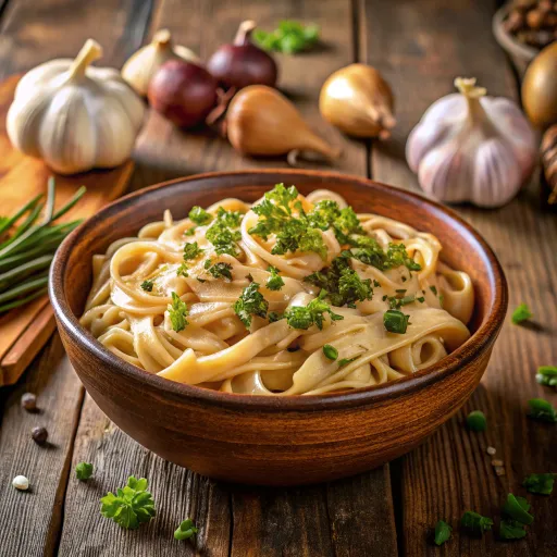 Цельнозерновая паста с чесночно-луковым соусом
